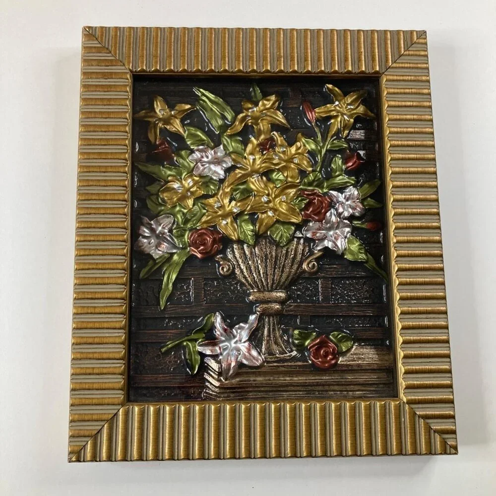 3D Tin‎ Flowers Vase Inlay Picture Shadow Box Chalkware Frame 10 x 12